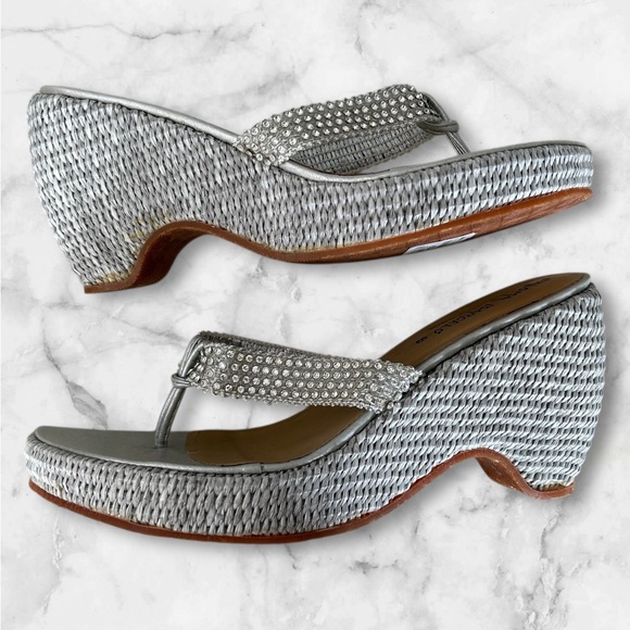 Paloma Barcelo Silver Rhinestone Thong Wedge Platform Sandals Euro 38 US Size 8 - Picture 7 of 12